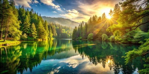 Obraz premium Picturesque scenery: serene lake nestled in a lush forest, majestic trees framing tranquil waters.