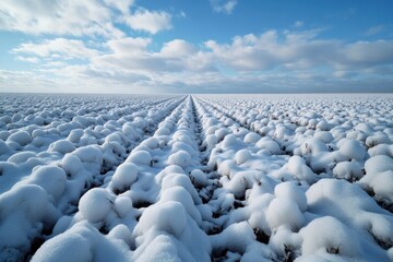 Fototapeta premium Snow-covered agricultural fields stretching under bright sky, highlighting environmental conservation concept