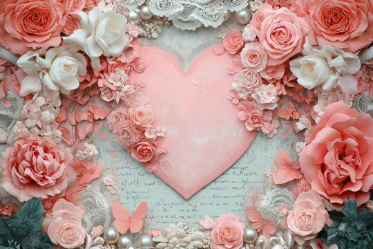 Vintage heart-shaped postcard surrounded by flowers and butterflies. Generative AI - Powered by Adobe