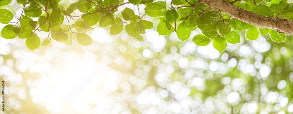 Poster spring background with an abstract banner and green blurred bokeh lights