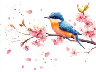 Whimsical watercolor bird illustration with cherry blossoms - spring nature art for cards and posters