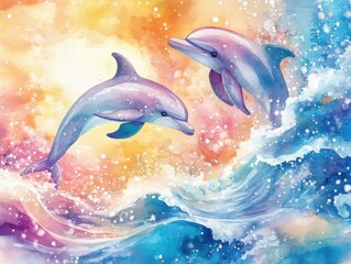 Fototapeta premium Whimsical watercolor dolphins leaping through ocean waves at sunset