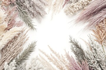 A composition featuring pink flowers against a white backdrop, arranged in a flat layout from a top-down angle