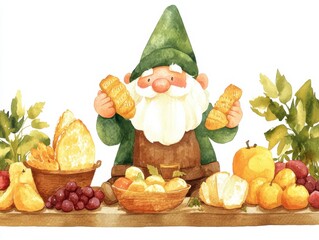 Whimsical watercolor gnome with harvest fruits and pastries - autumn feast inspiration