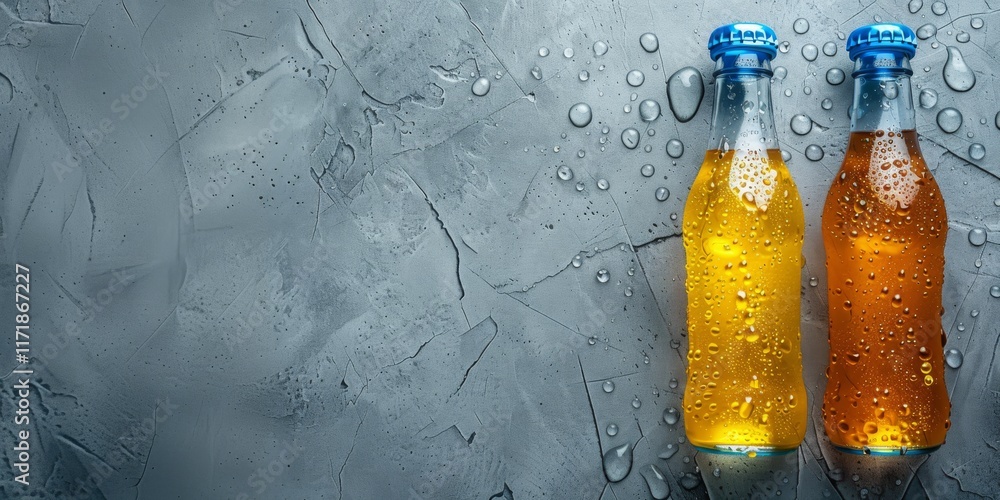 Poster two soda bottles with blue caps are placed on a wet textured surface. concept of refreshing beverage