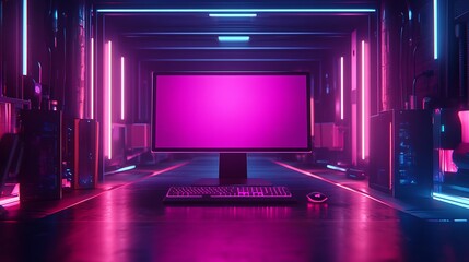A high-resolution gaming monitor on a dark, neon-themed background with room for advertising copy
