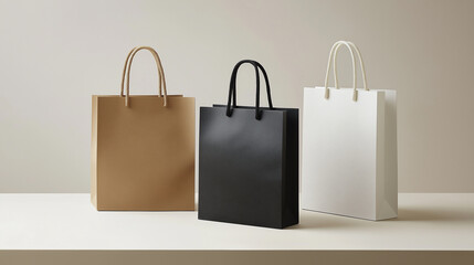 Minimalist Display of Brown, Black, and White Shopping Bags on Neutral Background, Highlighting Eco-Friendly Retail and Stylish Packaging Concepts