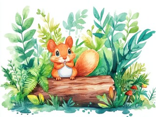 Whimsical watercolor illustration of a curious squirrel amidst lush greenery