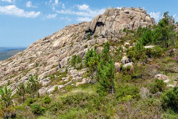 View of granite formations during the hike route to Monte Pindo and A Moa peak, Carnota, Coruña, Galicia - Spain. Mountains in the Galician Death Coast. 