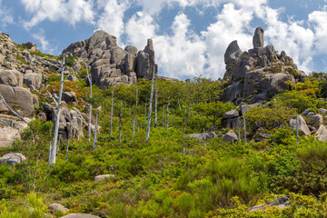 View of granite formations during the hike route to Monte Pindo and A Moa peak, Carnota, Coruña,...