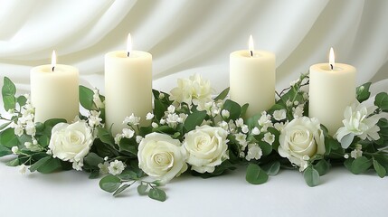 Four lit ivory candles arranged with white roses and greenery centerpiece.