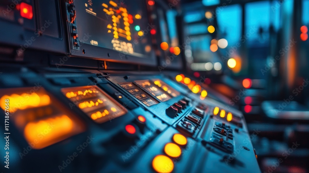 Poster illuminated control panel with buttons, switches, and digital screens displaying information, creati