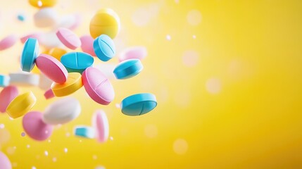 Vibrant Medication Spread on a yellow Surface with Copy Space