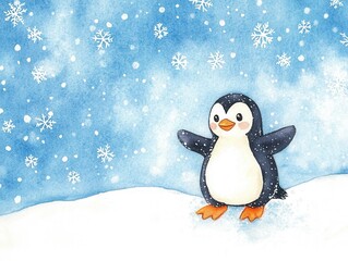 Whimsical watercolor illustration of a playful penguin in snowy winter wonderland
