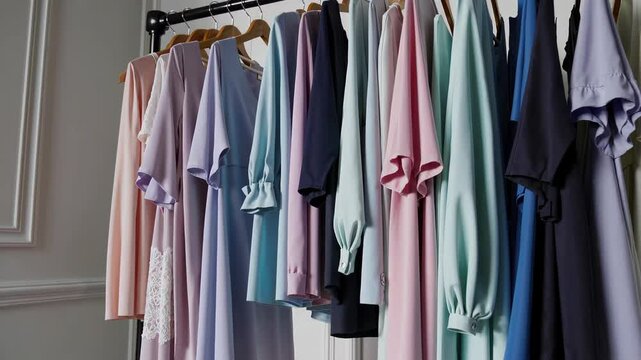 clothes in a shop, pastel colored dresses neatly hung on white hangers, displayed on a clothing rack in soft natural lighting