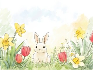 Fototapeta premium Whimsical watercolor illustration of cheerful spring bunny in a blooming garden setting