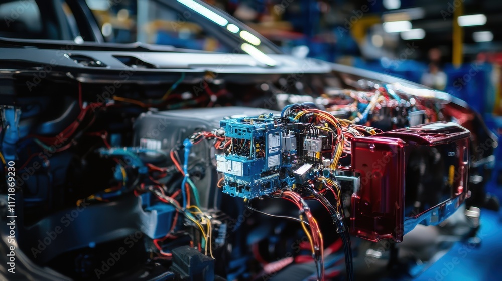 Poster close up of complex electrical wires and components being installed in the engine compartment of an 