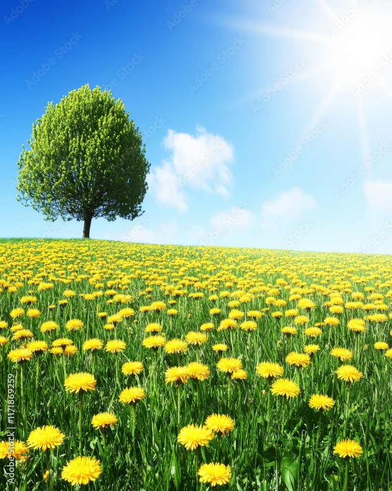 Poster a magnificent meadow features a towering tree with lush, green foliage..a breathtaking meadow is gra