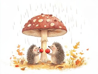 Whimsical watercolor illustration of hedgehog family in autumn setting
