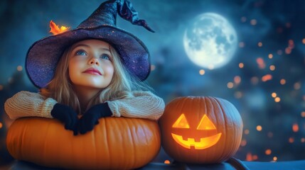 halloween witch kid with pumpkin