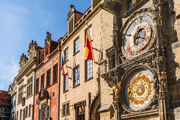 Obraz premium The Prague astronomical clock or Prague Orloj, medieval clock which dates back to the 15th century, attached to the Old Town Hall in Old Town Square, Prague, Czechia