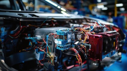 Close up of complex electrical wires and components being installed in the engine compartment of an electric vehicle during the manufacturing process in a state of the art car assembly plant