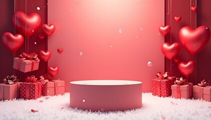 Happy Valentine Day background with cylindrical podium for promotion. Round stage for presentation sale product. Stage pedestal or platform in snow between burgundy hearts, burgundy gift boxes ia