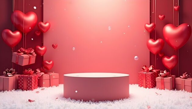 Happy Valentine Day background with cylindrical podium for promotion. Round stage for presentation sale product. Stage pedestal or platform in snow between burgundy hearts, burgundy gift boxes ia