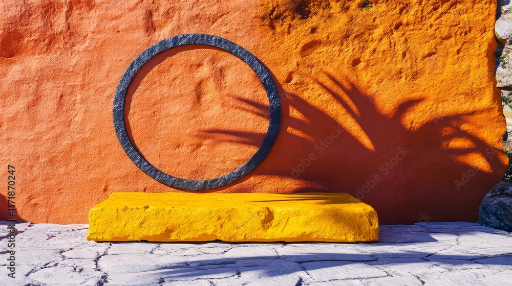 Poster 3d render of an abstract summer scene featuring a yellow background with shadows of tropical leaves 