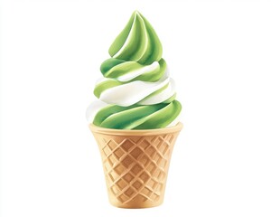 A delicious green and white soft-serve ice cream swirl in a waffle cone, perfect for a refreshing treat on a warm day.