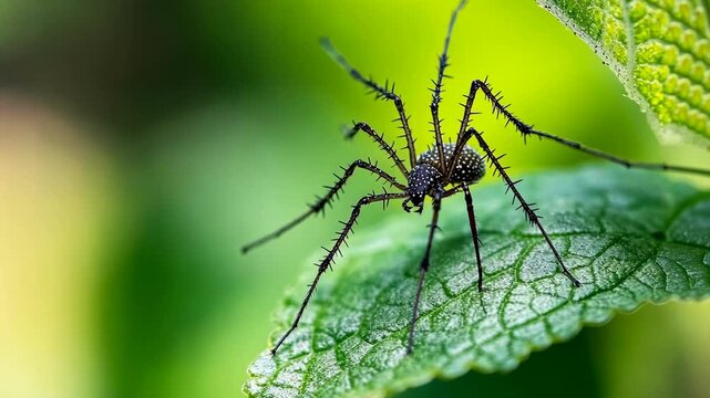 Close-up view of a spider perched on a green leaf in a natural habitat during daylight
