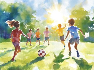 Whimsical watercolor of children playing soccer in sunlit spring garden scene