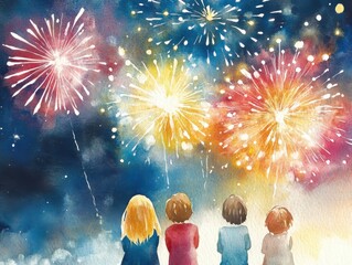 Whimsical watercolor of children watching vibrant fireworks in night sky artwork