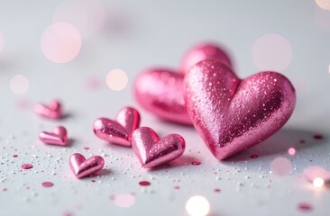 Obraz premium Pink glitter hearts of different sizes on a white glitter background with gray bokeh