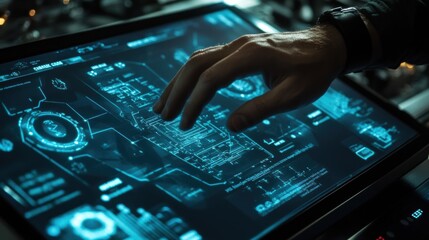Fototapeta premium Engineer using a futuristic, interactive touchscreen interface displaying complex digital data and information, showcasing advanced technology and innovation
