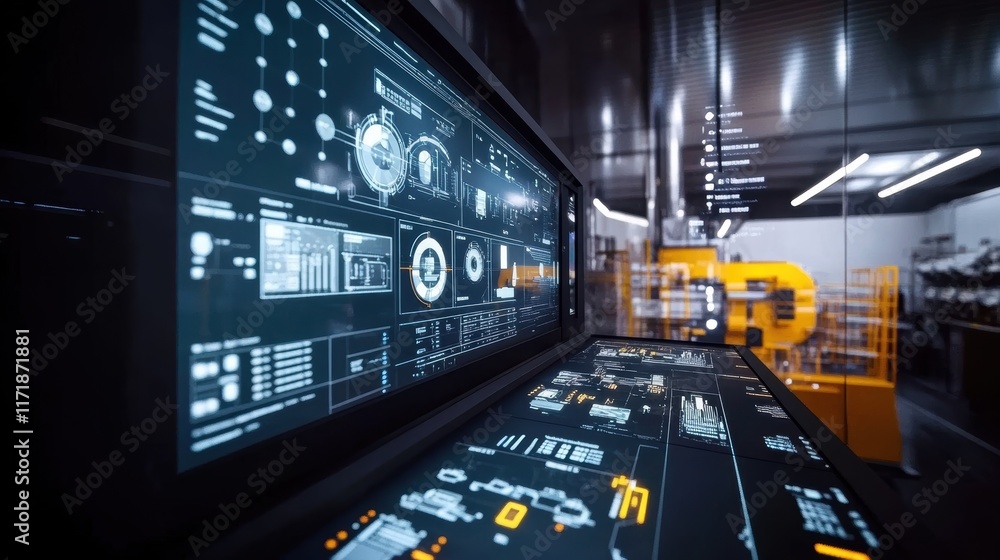 Poster futuristic control panel displaying various charts, diagrams, and data visualizations, providing rea