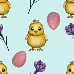 Seamless Pattern Cute Chick and Purple Crocuses with Leaves and Pink Egg Big Design on Blue Background
