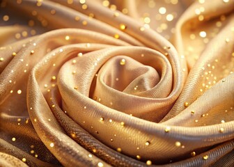 Swirling beige textile, luxuriously shimmering with sparkling dots; a captivating close-up, long-exposure photograph.