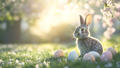 Easter bunny with a basket of eggs. Happy Easter Bunny on a card on their hind legs with flowers at sunset. Cute hare