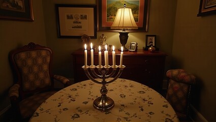 A quiet and warm room with a glowing menorah on a table set with a teapot and treats, surrounded by vintage decor, evoking a serene and nostalgic holiday atmosphere. Generative, AI,