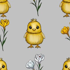 Seamless Pattern Cute Chick with White and Yellow Crocuses Big Design on Gray Background