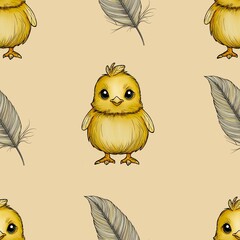 Seamless Pattern Cute Chick and Feather Big Design on Yellow Background