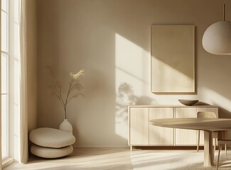 Modern living room interior with a sofa, dining table, and cabinet near a window