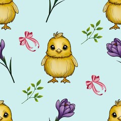 Seamless Pattern Cute Chick and Purple Crocuses with Leaves and Orange Bow Big Design on Blue Background