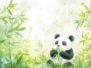 Whimsical watercolor panda amidst spring bamboo foliage