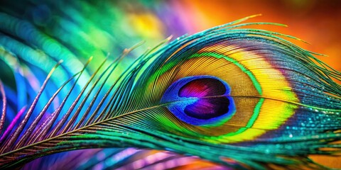Obraz premium Textured peacock feather background. Close-up image with copy space. Colorful bird feather portrait photography.