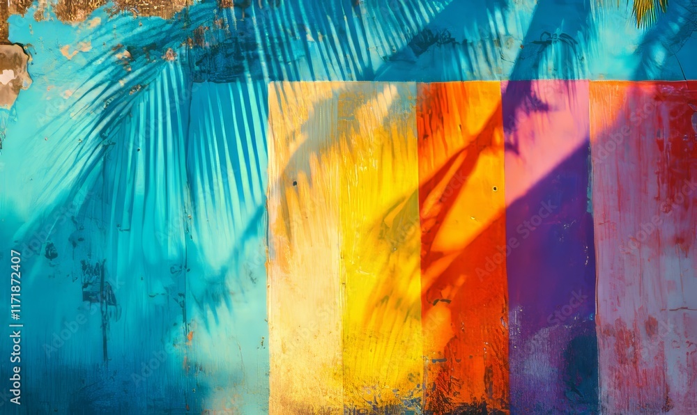 Poster blurred shadows from palm leaves cast on a pink wall. a simple abstract background ideal for product