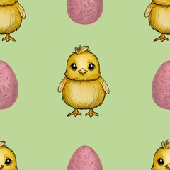 Seamless Pattern Cute Chick and Eggs Big Design on Green Background