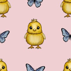 Seamless Pattern Cute Chick and Butterfly Big Design on Pink Background