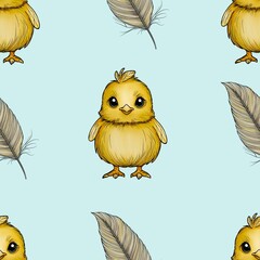 Seamless Pattern Cute Chick and Feather Big Design on Blue Background
